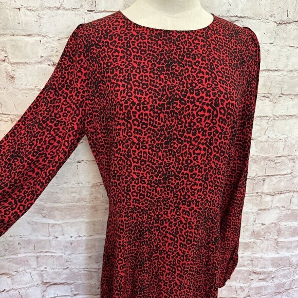 LOFT Womens Midi Dress Size 4 Red Animal Print Cheetah Long Sleeve Side Slit NEW - Picture 4 of 11